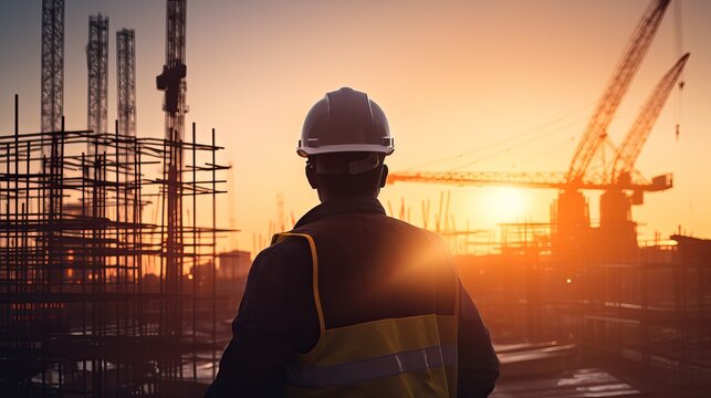 Silhouette industry engineer standing orders for construction team to work safely on high ground heavy industry concept. over blurred background sunset pastel