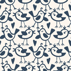Monochrome seamless pattern with birds  in doodle style. Vector