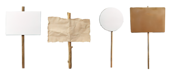 Collection of wooden and paper banners on wooden sticks for copy space. Protest, activism and promotional concept