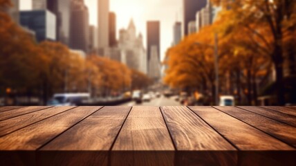 The empty wooden table top with blur background of business district and office building in autumn. Exuberant image. generative ai