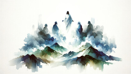 The greatest miracle: Transiguration of Jesus. llustration of Jesus appearing bright to the apostles on a mountain. Digital watercolor painting. - obrazy, fototapety, plakaty