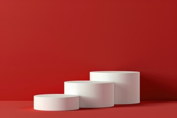 White podium on red background for product presentation. Minimal 3D render.