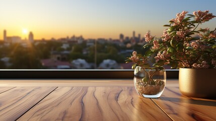 an abstract wooden tabletop on a kitchen window, in the style of photo-realistic landscapes, smooth and shiny, flat backgrounds, soft-focused realism, wood - obrazy, fototapety, plakaty