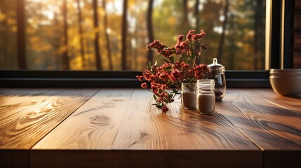 Naklejka na ściany i meble an abstract wooden tabletop on a kitchen window, in the style of photo-realistic landscapes, smooth and shiny, flat backgrounds, soft-focused realism, wood