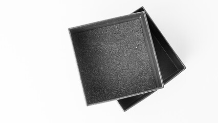 Black Box For a gift, white background. Top View, Design Blank, Blank Space, Studio Photo.