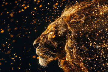 Lion made of golden sparks on dark background. Illuminated lion glowing the darkness