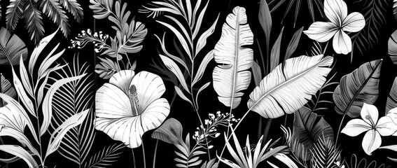black and white tropical floral design Generative AI