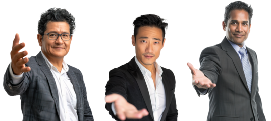 Latino, Asian and Indian business man collage reaching hands to offer help. Isolated over white transparent background