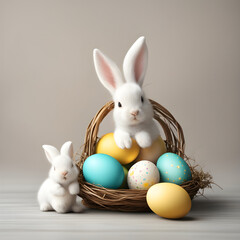 Cute Bunny On Easter Eggs, Bunny In the Bucket, Happy Easter Day Eggs With Cute Bunny.