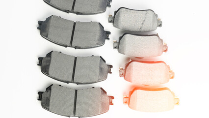Front and rear brake pads. Brake pads for passenger car disc brakes, New brake pads for passenger...