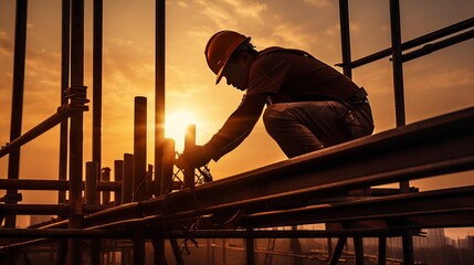 Silhouette of iron construction at sunset time. worker empty
