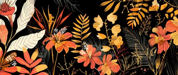 Fotobehang tropical floral background with colorful tropical plants in ink on black background Generative AI © SKIMP Art