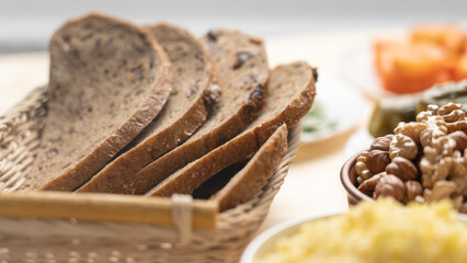 yeast-free bread in a wooden plate, food Great Orthodox Lent.