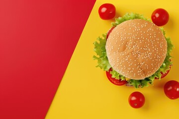 Delicious fish burger with tomatoes  cheese slices and fresh lettuce on yellow and red background