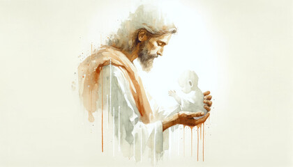 Digital painting of Jesus Christ with baby in the hands, watercolor illustration. - obrazy, fototapety, plakaty