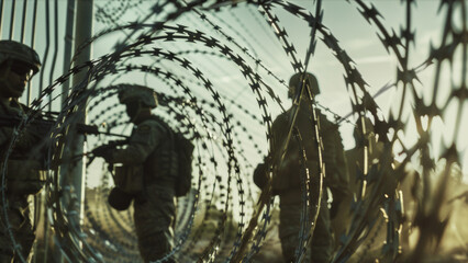 Soldiers behind barbed wire fence at sunset, depicting border patrol scene.