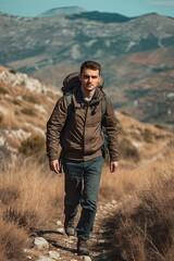 Fototapeta na wymiar Handsome young man with backpack hiking in the mountains. Embracing the challenge, embracing the beauty.