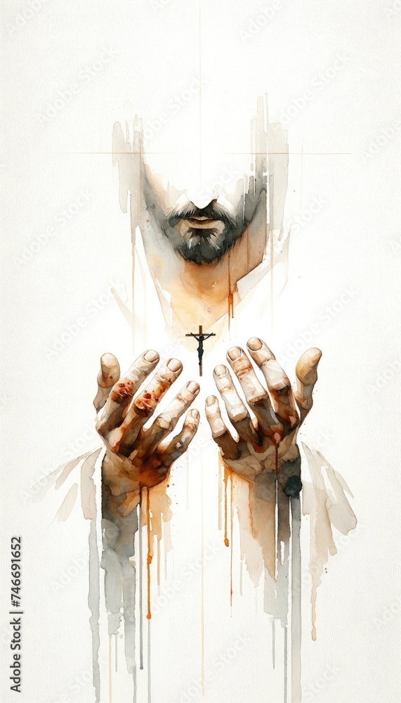 Wall mural sacred scars: the stigmata of christ. hands of jesus christ with cross and blood on white paper back