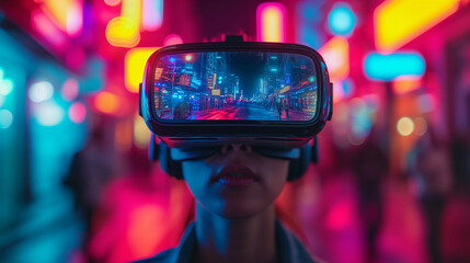 Fototapeta na wymiar Tech-Savvy Adventure Woman Experiencing Virtual Reality with Neon Lights, Copy Space