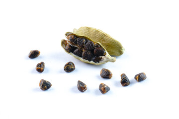 Cardamom pods and seeds concept background