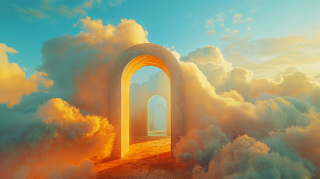 Gates of Heaven. 3D Render of an Entrance Doorway to the Sky with Clouds.