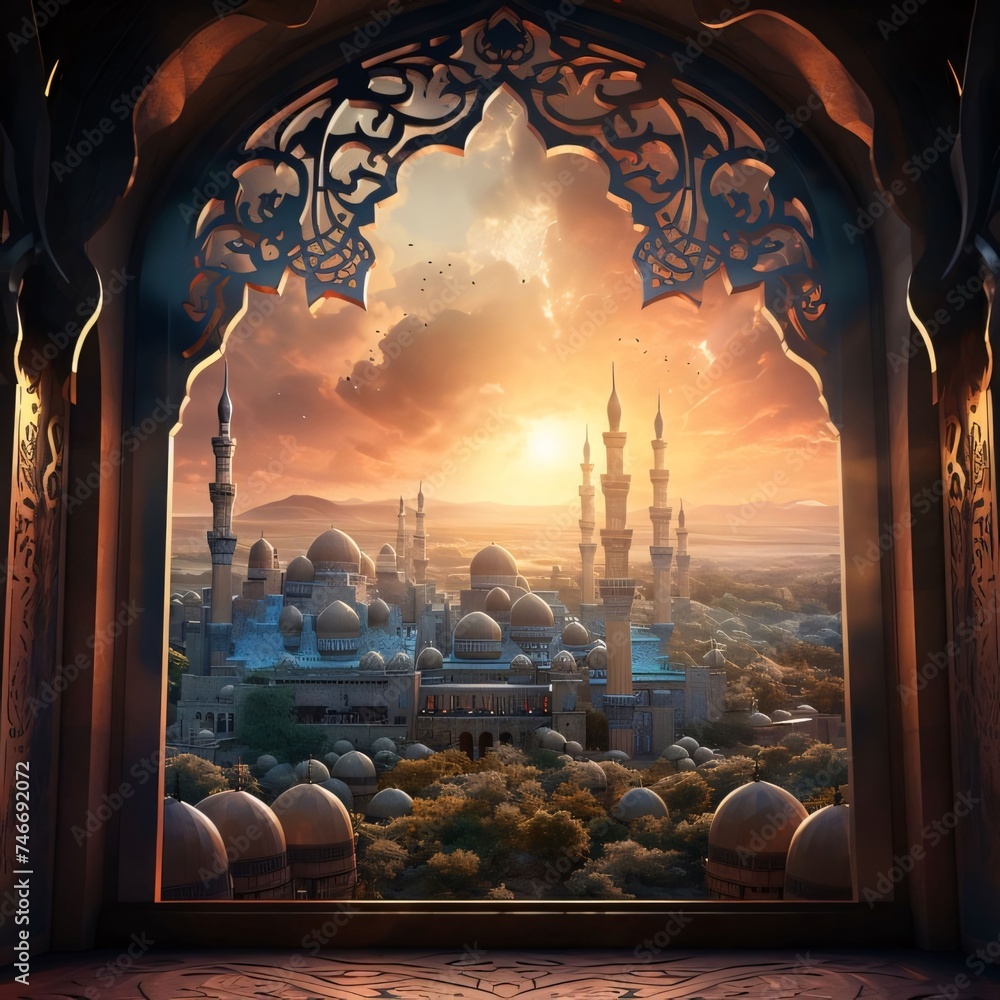 Wall mural View from a decorated window of a large mosque at sunset. Mosque as a place of prayer for Muslims.