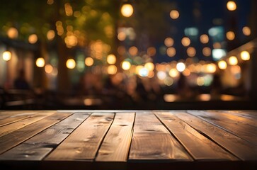 Empty wooden table surface closeup, blur cafe bar restaurant interior background, bokeh lights. Generated AI - obrazy, fototapety, plakaty