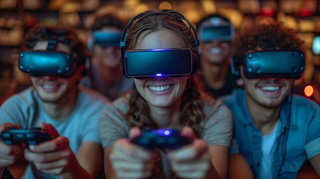 Virtual Reality Fun Diverse Group Playing Video Game with Joy
