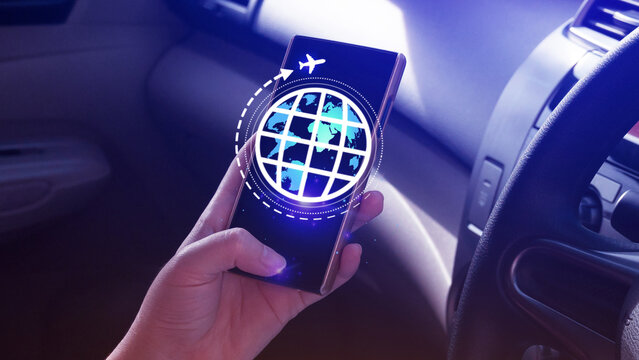 Travel insurance and business travel concepts, Booking airplane tickets on digital app or online travel insurance concept, protective gesture and icon of plane and globe.