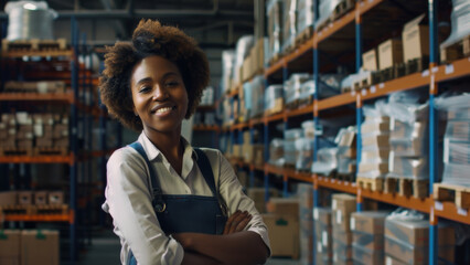 Confident warehouse worker with a welcoming smile stands among the aisles.