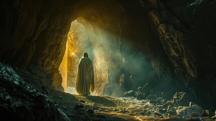 Resurrection. Silhouette of Jesus Christ in the burial cave at sunrise. - obrazy, fototapety, plakaty