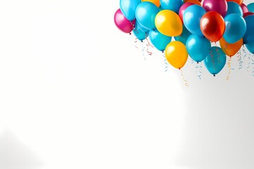 A dynamic shot capturing a bunch of birthday balloons floating freely against a white background, providing ample space for custom messages and copy.
