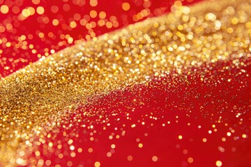 Shimmering golden particles in red fluid create abstract patterns.
