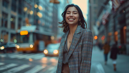 A woman beams with a bright smile on a bustling city street at dusk.
