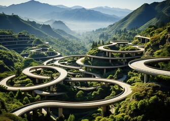 an aerial view of a road, in the style of precisionist lines, modular construction, sculptural quality, exacting precision, high quality, installation-based - obrazy, fototapety, plakaty