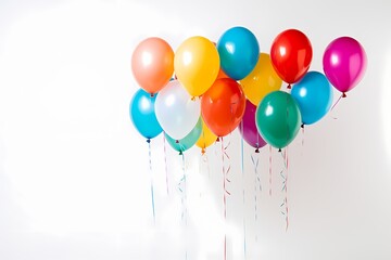 A dynamic shot capturing a bunch of helium-filled birthday balloons floating freely against a white background, creating a sense of excitement and anticipation.