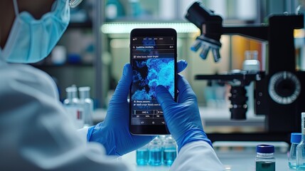 Medical-scientist in laboratory. Phone screen with test results for drugs, virus and bacteria in laboratory. Lab technician analyzes bacteria test results on phone. - obrazy, fototapety, plakaty