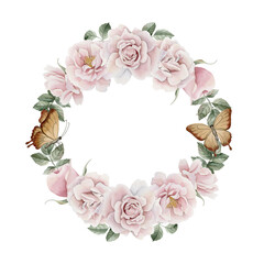 Wreath of pink rose hip flowers with leaves and butterflies. Floral watercolor illustration
