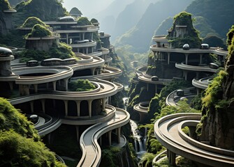 an aerial view of a road surrounded by mountains, reinforced concrete construction, high quality, precisionist lines, curved mirrors, exacting precision
