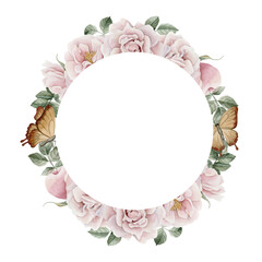 Wreath of pink rose hip flowers with leaves and butterflies. Floral watercolor illustration