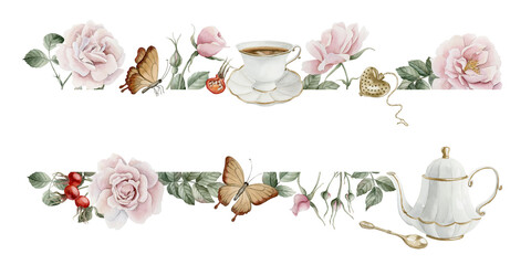 Horizontal frame of rose hip flowers, berries, leaves, white porcelain teaware and butterflies. Watercolor illustration - obrazy, fototapety, plakaty