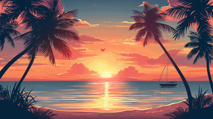 A panoramic sunset over a tranquil beach, with silhouettes of palm trees and gentle waves, evoking relaxation and vacation