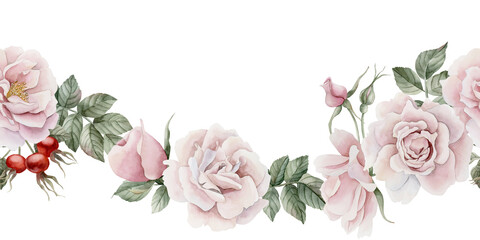 Horizontal seamless border of pink rose hip flowers, buds, leaves and berries. Victorian style. - obrazy, fototapety, plakaty
