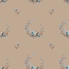 watercolor shabby chic vintage blue beige birds with floral element seamless pattern