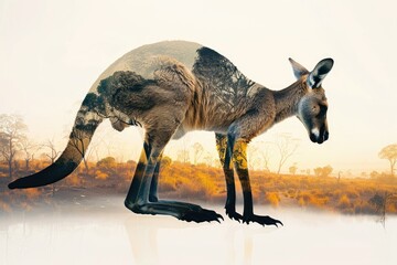 A kangaroo silhouette merged with the outback landscape of Australia in a double exposure