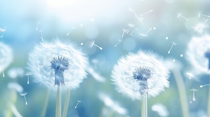 Soft focus on dandelions flower, extreme closeup, abstract blue spring nature background