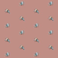 watercolor shabby chic vintage blue beige birds with floral element seamless pattern