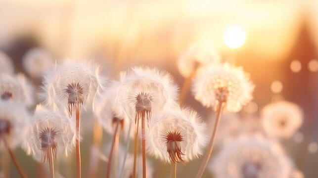 Spring background with light transparent flowers dandelions at sunset in pastel light golden tones macro with soft focus. Delicate airy elegant artistic image of nature, pastel colored