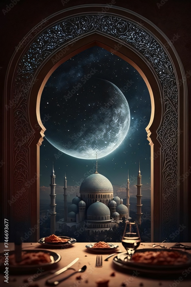 Sticker A table laden with food with a view through the window to the mosque and the moon in the night sky. Mosque as a place of prayer for Muslims.