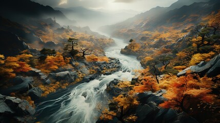 an aerial view of trees in the color of autumn, in the style of animated gifs, romantic riverscapes, yankeecore, captures the essence of nature, adventurecore, meticulously crafted scenes